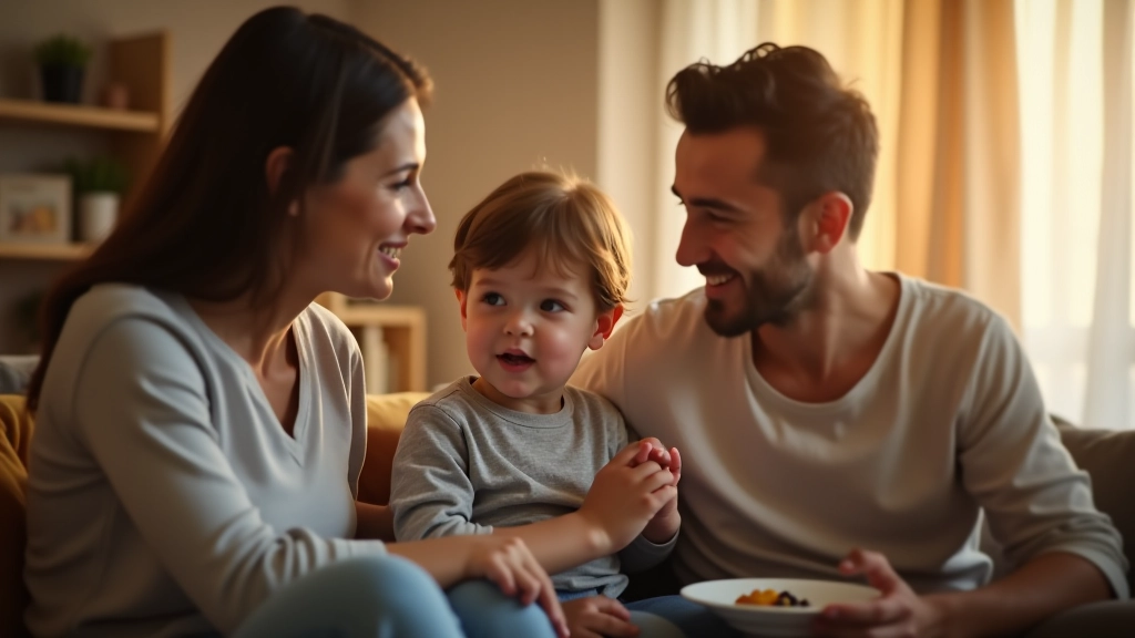 Dois pais com filho pequeno na sala, conversando de forma amigável